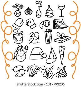 Set of festive icons on a white background. Vector icons for the New Year holidays. Linear pictograms for website decoration, flyer printing, design of special offers, discount coupons.