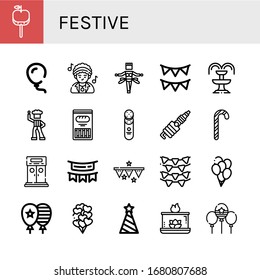 Set of festive icons. Such as Caramelized apple, Balloon, Disco, Samba, Garlands, Fountain, Cracker, Spark, Candy canes, Entrance, Garland, Balloons, Party hat , festive icons