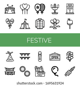 Set of festive icons. Such as Red carpet, Balloon, Circus tent, Winter, Fountain, Balloons, Entrance, Caramelized apple, Party hat, Garland, Garlands, Cracker , festive icons