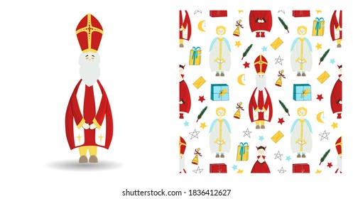 Set of festive illustration. Saint nicholas character isolated on white. Seamless winter pattern with gifts and stars