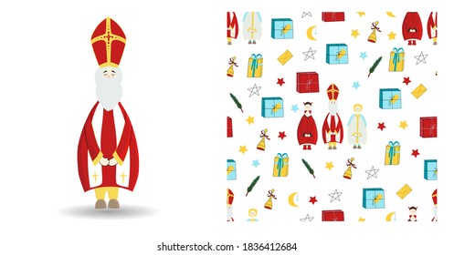 Set of festive illustration. Saint nicholas character isolated on white. Seamless winter pattern with gifts and stars