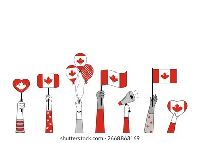Set of festive illustrations featuring hands holding Canadian flags, balloons, and banners with Canadian symbols. Perfect for celebrating Canada Day, patriotic events, and national holidays.