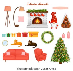 Set of festive interior elements with a Christmas tree, gifts, a fireplace, furniture and more. Cozy christmas night celebration vector illustration.