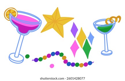 set of festive items for Mardi Gras. Cocktail, star, beads, confetti. It is suitable for decorating materials, advertising campaigns and products related to the Mardi Gras holiday, carnival