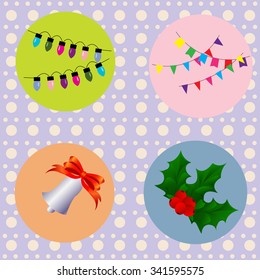 set of festive lights on the Christmas tree, Halloween flags, Christmas bell and Holly with berries