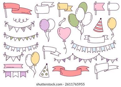 A set of festive line art elements with minimal color, including holiday garlands, stars, ribbons, balloons, and party decorations. Ideal for planners, invitations, greeting cards, and seasonal design