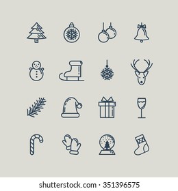 Set of festive linear icons. Happy New Year and Merry Christmas. Vector illustration
