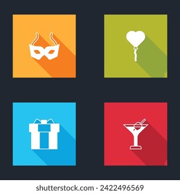 Set Festive mask, Balloons in form of heart, Gift box and Martini glass icon. Vector