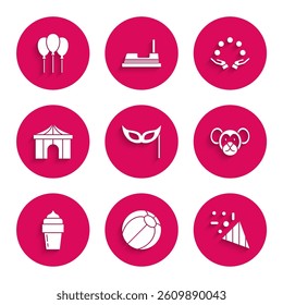 Set Festive mask, Beach ball, confetti, Monkey, Ice cream, Circus tent, Juggling and Balloons with ribbon icon. Vector