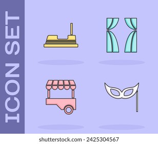 Set Festive mask, Bumper car, Fast street food cart and Circus curtain raises icon. Vector
