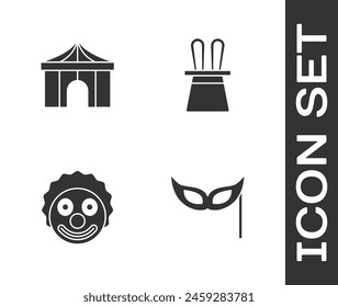 Set Festive mask, Circus tent, Clown head and Magician hat and rabbit ears icon. Vector