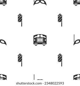 Set Festive mask, Circus wagon and Firework rocket on seamless pattern. Vector