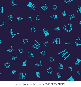 Set Festive mask, Juggling ball, Magician hat and Drum with drum sticks on seamless pattern. Vector