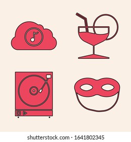 Set Festive mask , Music streaming service , Martini glass  and Vinyl player with a vinyl disk  icon. Vector