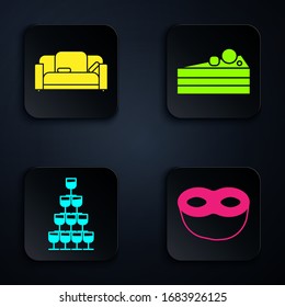 Set Festive mask , Sofa , Wine glasses stacked in a pyramid tower  and Cake . Black square button. Vector