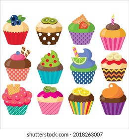 Set of festive multicolored cupcakes. Vector illustration 