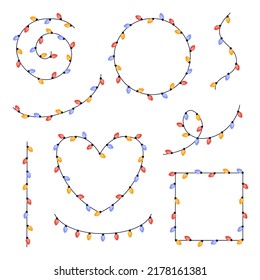 Set of festive multicolored garlands on cable in flat style. Frame of garland in the shape of a heart, circle, square and others. Decoration, christmas holiday concept.