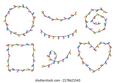 Set of festive multicolored garlands on cable in flat style. Frame of garland in the shape of a heart, circle, square and others. Decoration, christmas holiday concept.