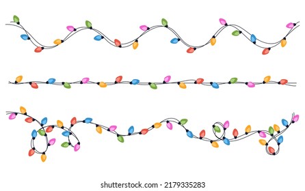 Set of festive multicolored garlands on cable in flat style. Decoration, christmas holiday concept.