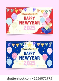 Set of festive New Year 2025 greeting banners with colorful balloons, bunting strings, and a vibrant palette in this vector illustration.