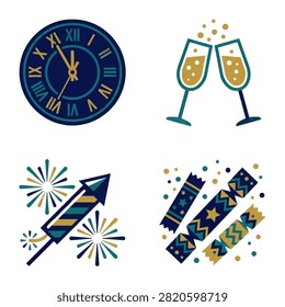 Set of Festive New Year Celebration Icons and Holiday Party Elements