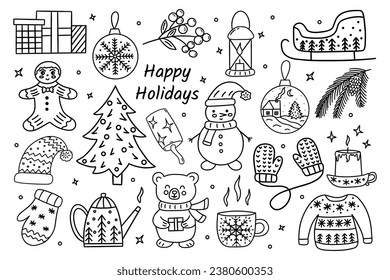 Set of festive New Year and Christmas elements. Ginger cookies, Christmas tree and sleigh, teapot, sweater and bear with gift. Black and white vector isolated illustration hand drawn doodle