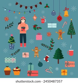 Set of festive New Year and Christmas elements. Girl with gifts and holiday attributes Gingerbread men and gifts, Christmas trees and Christmas tree decorations. Holly and Christmas balls, garlands. 