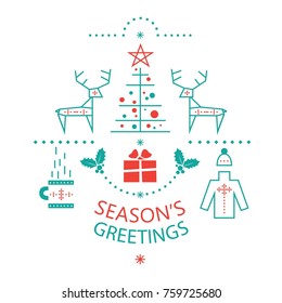 Set to festive new year and Christmas holidays Seasons Greetings winter Christmas symbols style line art: reindeer, sweater, mug of hot drink, a Christmas tree. Suitable for posters, invitations