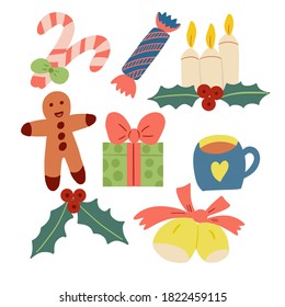 Set of festive new year elements: bell, gingerbread, candy, candles, gift, leaves. For the design of postcards, posters, wrapping paper, prints for t-shirts.