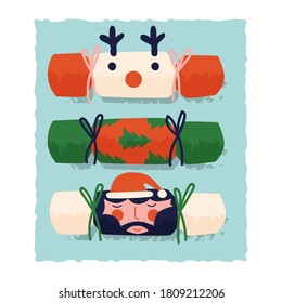 Juego de galletas de Año Nuevo sobre un fondo azul. Tres diseños de embalajes con elementos de ciervo, Santa Claus y una silueta de un árbol de Navidad. Diseño plano vectorial.