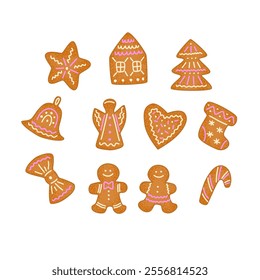 Set of festive New Year's gingerbread cookies decorated with colored glaze. Vector isolated color illustration.