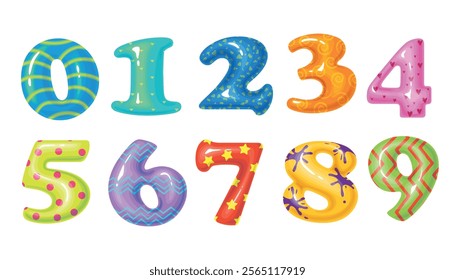 Set of festive numbers balloons in cartoon style. Vector illustration of beautiful numbers balloons from zero to nine with patterns: waves, triangles, spirals, hearts, circles,stars,spots.Celebration.