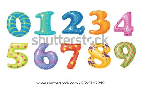 Set of festive numbers balloons in cartoon style. Vector illustration of beautiful numbers balloons from zero to nine with patterns: waves, triangles, spirals, hearts, circles,stars,spots.Celebration.