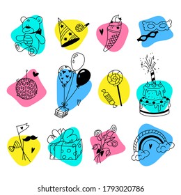 Set of festive, parties, linear objects, background, for banner, postcard, congratulation, doodle.