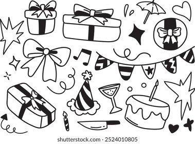 Set of festive party set. Gift box. Umbrella. Present. Candle. Cake. Knife. Elements. Squiggles. Hearts. Flags. Music Note;