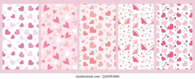 Set of festive patterns for Valentine's Day with hearts