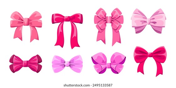 A set of festive pink bows on a white background. Cartoon style. Vector illustration.

