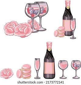 Set of festive pink champagne with glasses and roses 