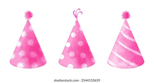 Set of festive pink party hats for birthday, festival, party. Vector watercolor illustration