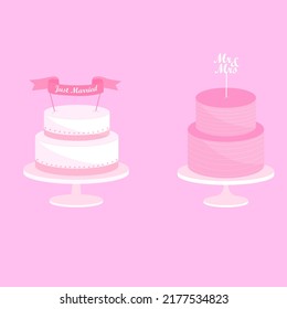 Set of festive pink wedding cakes with inscriptions Just Married, Mr  Mrs. Vector illustration