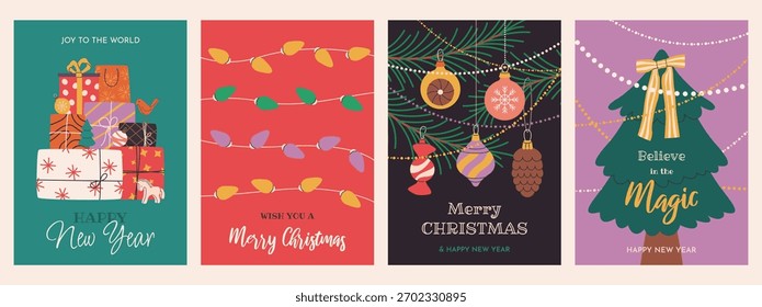 Set of festive posters or greeting cards for Merry Christmas and Happy New Year. Vertical flat illustrations. Christmas tree, baubles, garlands, and gift boxes. Vector templates for holiday designs.