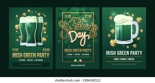 Set of festive posters with symbols of  Irish holiday on a green background. Three beer glasses with golden clover, the inscription: "St. Patrick's Day" and beer mug with foam. Holiday illustration.