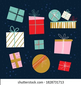 Conjunto de cajas presentes festivas, regalos en papel de relleno.Navidad, tarjeta de felicitación de Año Nuevo feliz.Papel tapiz de plantilla de Navidad.Elementos festivos de banner. Invitación Festividades De Invitación En Invierno. Ilustración de vectores planos