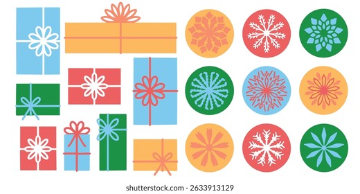 Set of festive presents for the winter holiday season. Red, sunset orange, sky blue, forest green. Christmas themed gift vector assets for stickers, tote bags, clothing, textures, and icons. EPS 10.
