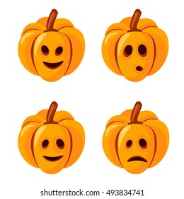set of festive pumpkin head with different emotions smile, fear, surprise, vector illustration.  collection of pumpkin head characters isolated. 