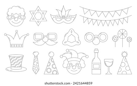 Set of festive Purim carnival elements in line style. Cute outline holiday accessories. Vector illustration.