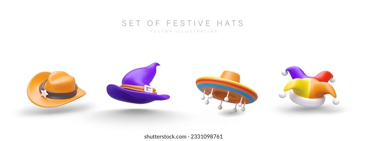 Set of festive realistic hats. Icons for game, web design, thematic sections. Sheriff, witch, clown hat, sombrero. Carnival accessories. Bright outfit for costume party. Isolated vector image