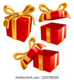 Set of festive red gift boxes with gorgeous golden bow, open and closed, isolated on white background. Vector realistic 3d illustration