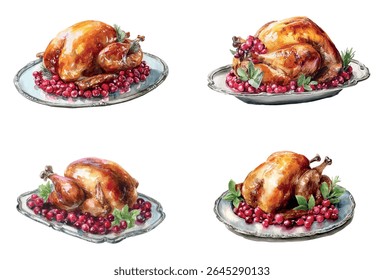 Set of festive roasted turkey with cranberries for Thanksgiving. Watercolor Thanksgiving turkey main course. Turkey on a silver tray decorated with cranberries and rosemary branches.