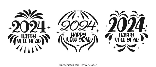 Set of festive round letterings. Black hand lettering 2024 Happy New Year. Illustration, vector